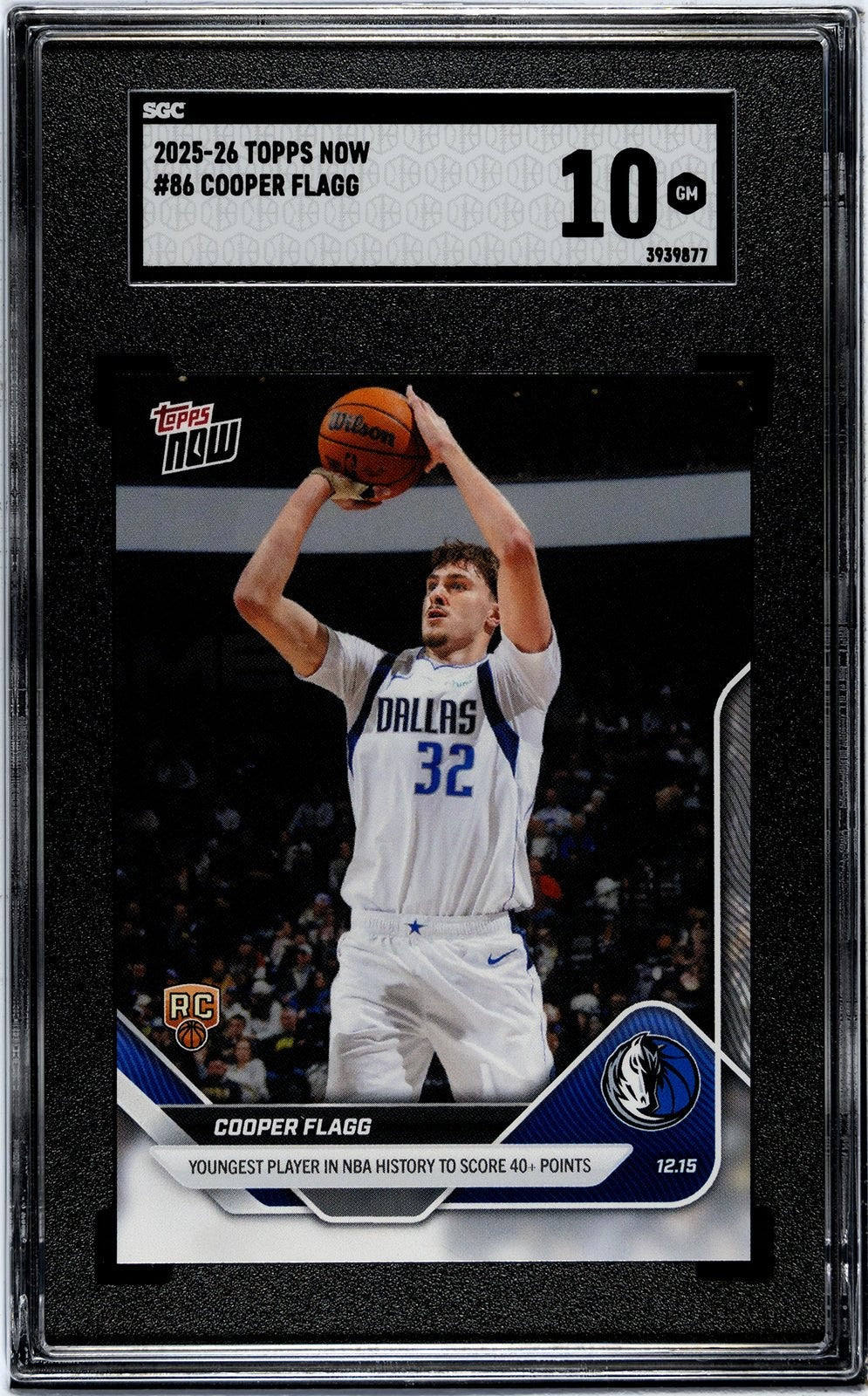 Graded 2025 Topps Now Cooper Flagg #86 Rookie RC Card SGC 10 Gem Mint