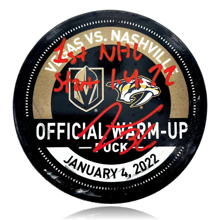 Logan Thompson Signed Vegas Golden Knights Game Used Puck 1st Start 1/4/22 COA