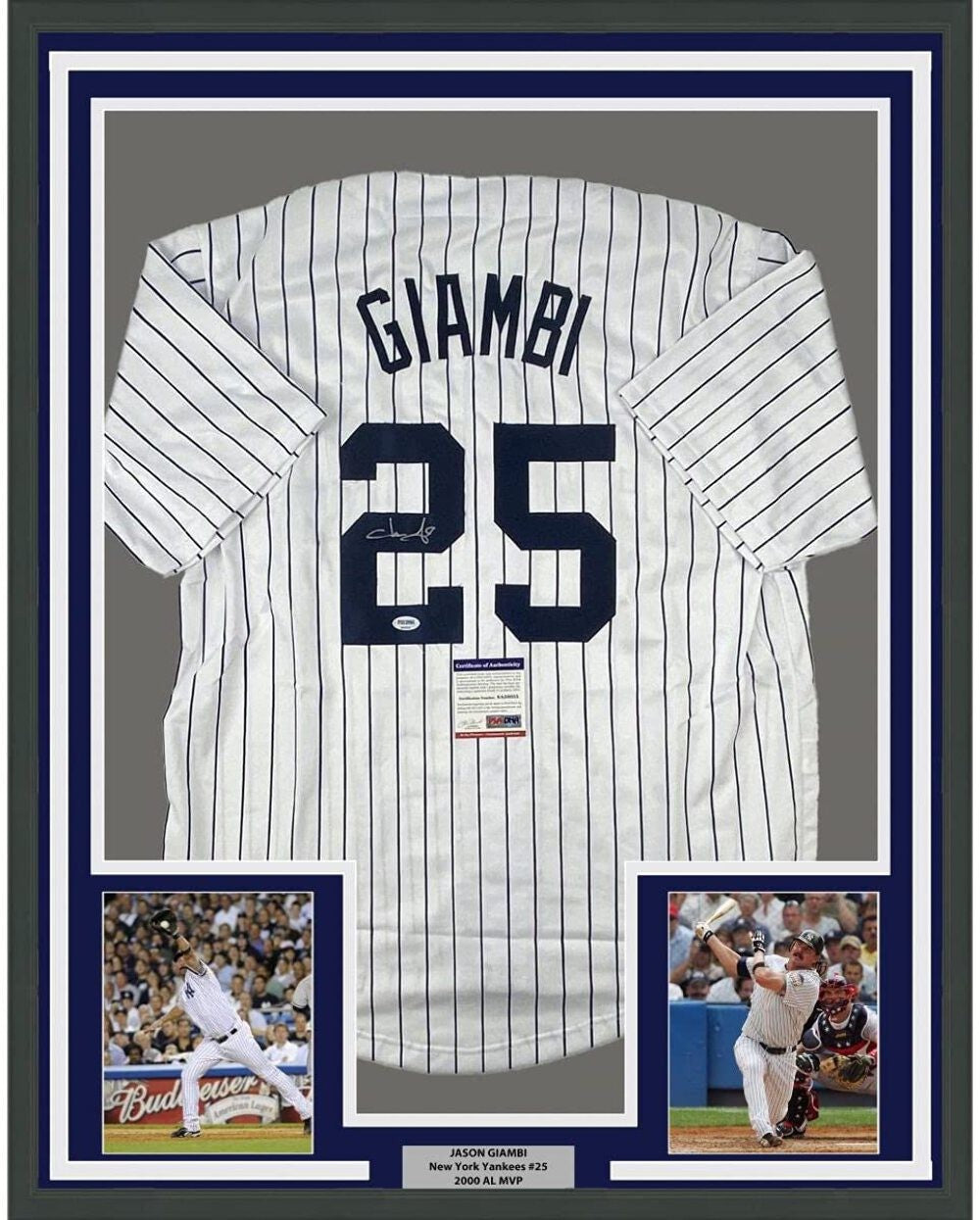 FRAMED Autographed/Signed JASON GIAMBI 33x42 Pinstripe Baseball Jersey PSA COA