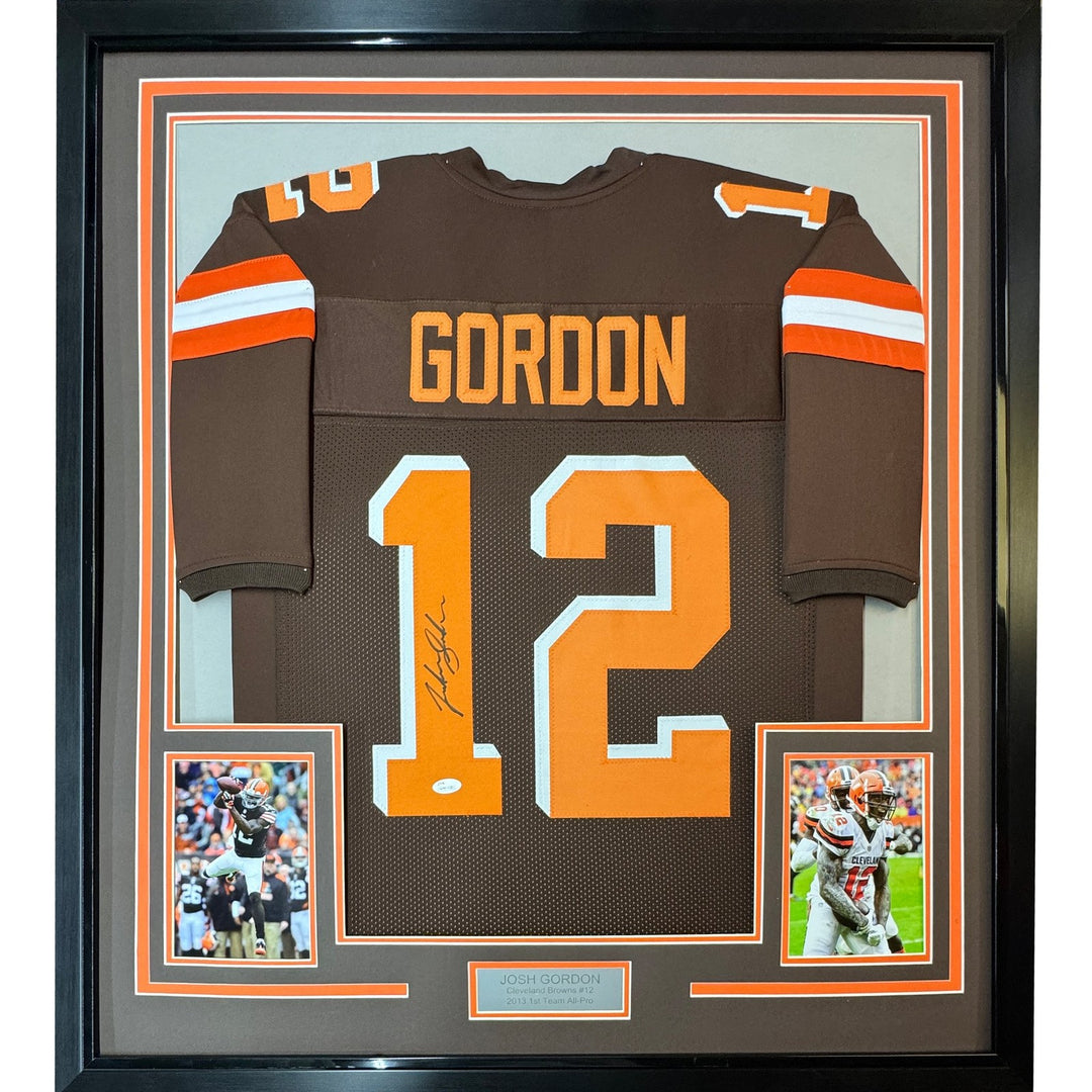Framed Autographed/Signed Josh Gordon 35x39 Football Brown Jersey JSA COA