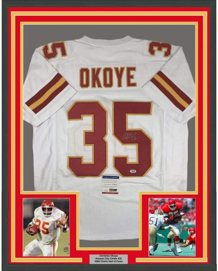 Framed Signed Christian Okoye 35x39 Kansas City White Jersey PSA COA
