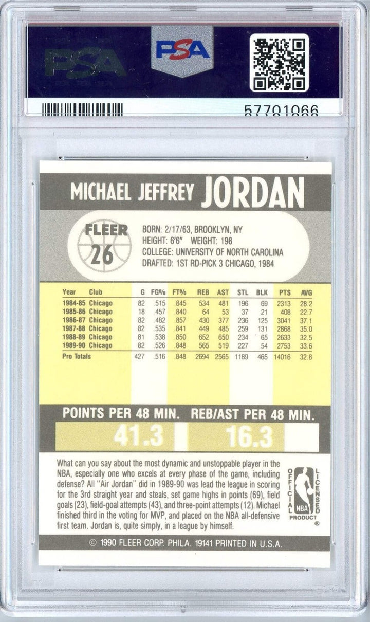 Graded 1990 Fleer Michael Jordan #26 Basketball Card PSA 9 Mint