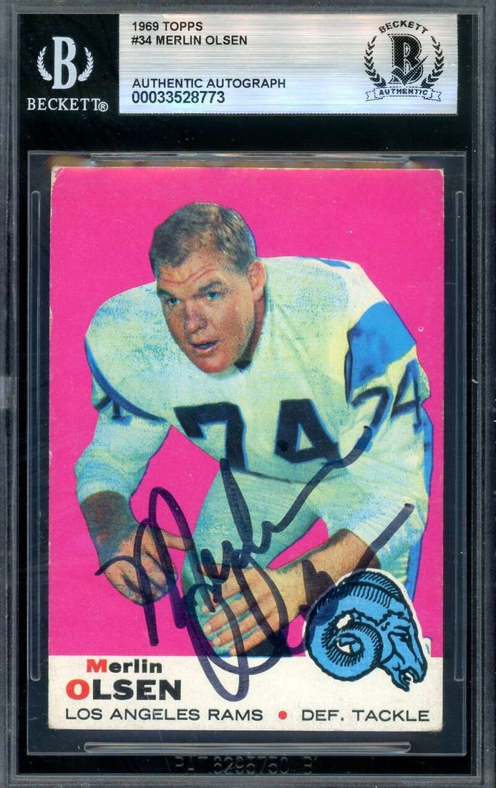 Merlin Olsen Beckett BAS Signed 1969 Topps Autograph