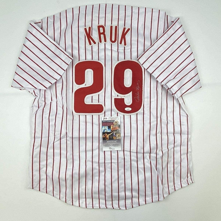 Autographed/Signed JOHN KRUK Philadelphia Pinstripe Jersey JSA COA Auto