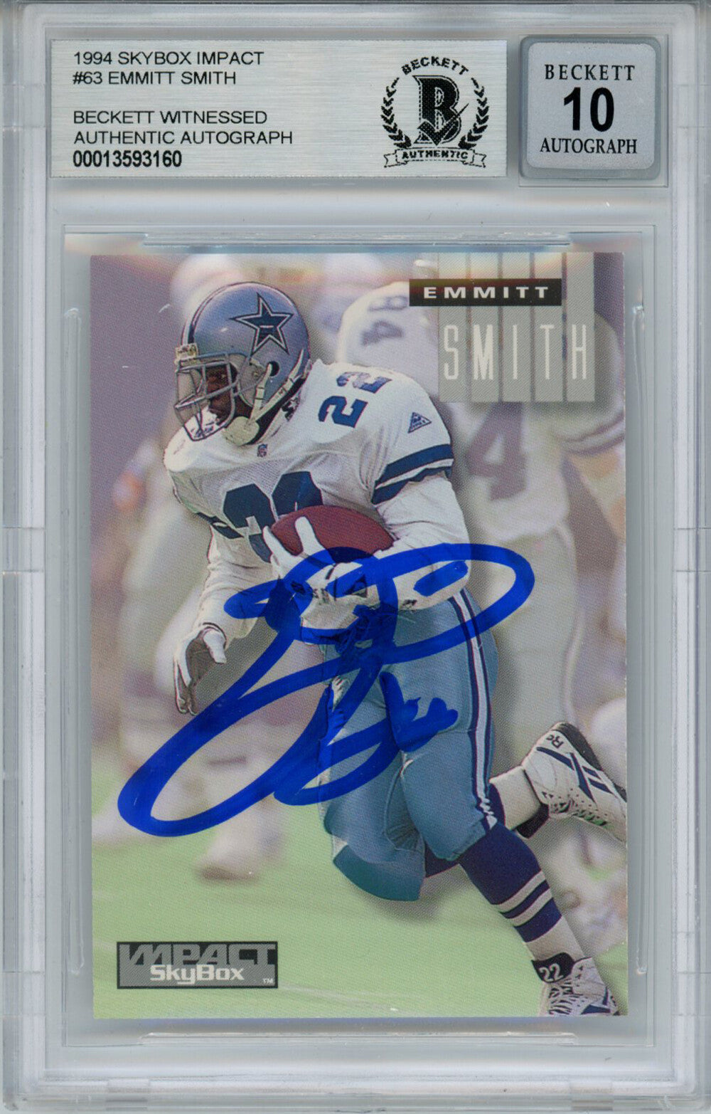 Emmitt Smith Signed 1994 Skybox Impact #63 Trading Card Beckett 10 Slab 35092