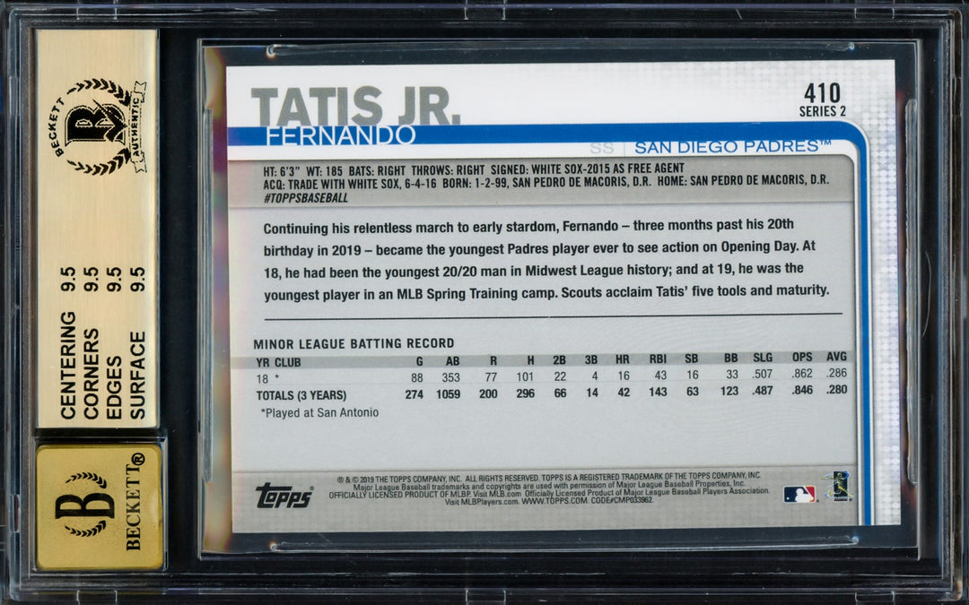 Fernando Tatis Jr. Signed 2019 Topps RC 410 Padres BGS 9.5 Auto GM 10 Beckett