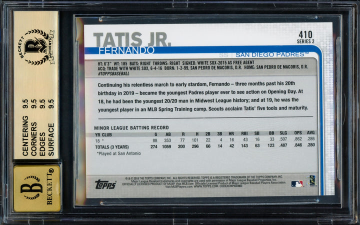 Fernando Tatis Jr. Signed 2019 Topps RC 410 Padres BGS 9.5 Auto GM 10 Beckett