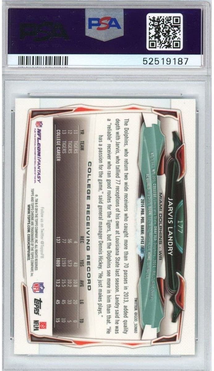 Graded 2014 Topps Chrome JARVIS LANDRY #177 Running Rookie Card PSA 10 Mint