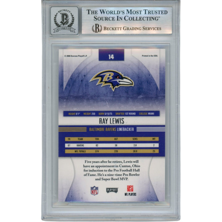 Ray Lewis Autographed 2008 Playoff Absolute #14 Trading Card Beckett 53044
