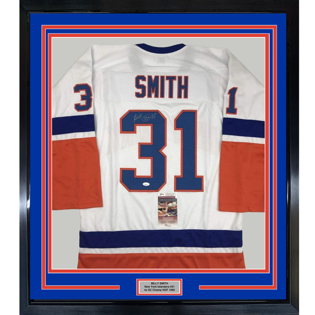 Framed Autographed/Signed Billy Smith 35x39 New York White Hockey Jersey JSA COA