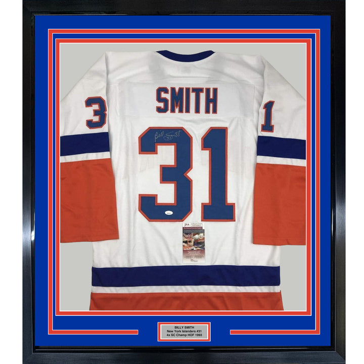 Framed Autographed/Signed Billy Smith 35x39 New York White Hockey Jersey JSA COA