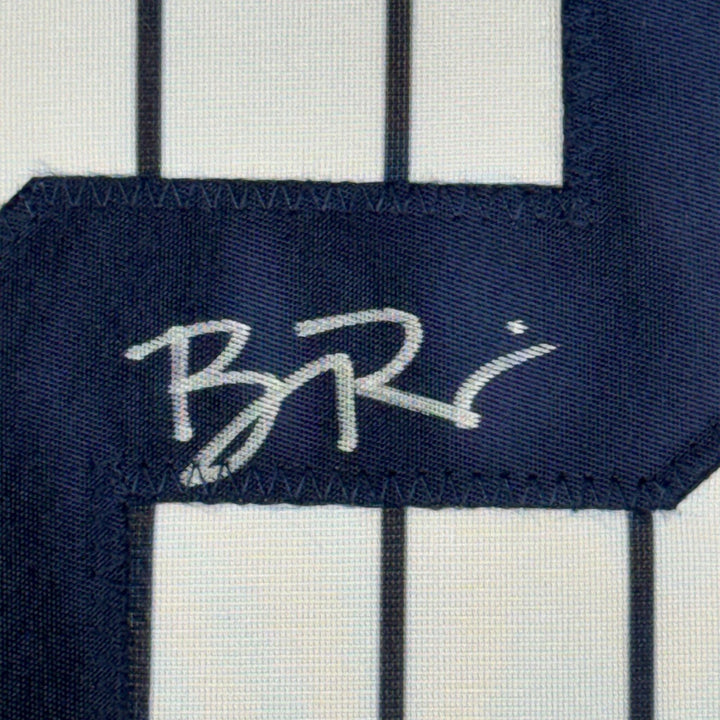 Framed Autographed/Signed Ben Rice 35x39 New York Pinstripe Jersey JSA COA