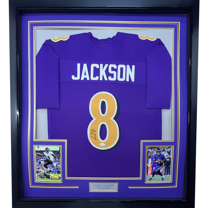 Framed Autographed/Signed Lamar Jackson 33x42 Baltimore CR Jersey JSA COA