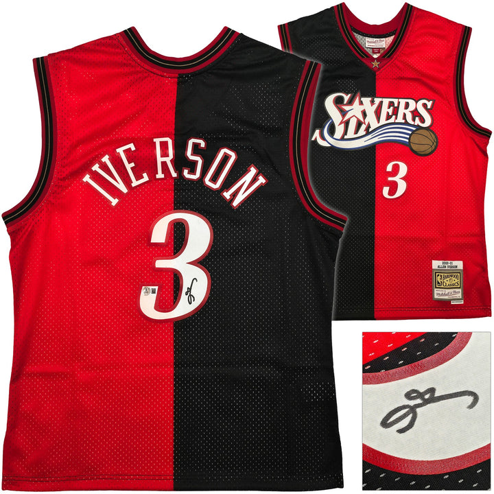 76ers Allen Iverson Auto Black Red Mitchell Ness 2000-01 Swingman Jersey L BAS