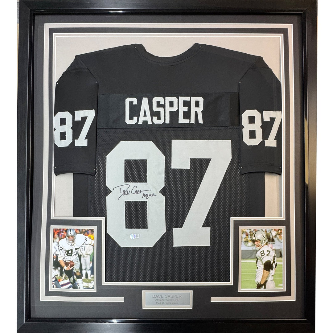 Framed Autographed/Signed Dave Casper 35x39 HOF 02 Black Jersey BAS COA