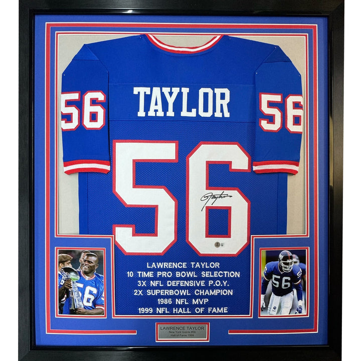 Framed Autographed/Signed Lawrence Taylor 35x39 NY Blue Stat Jersey BAS COA