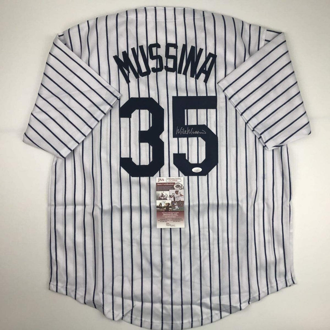 Autographed/Signed MIKE MUSSINA New York Pinstripe Baseball Jersey JSA COA Auto