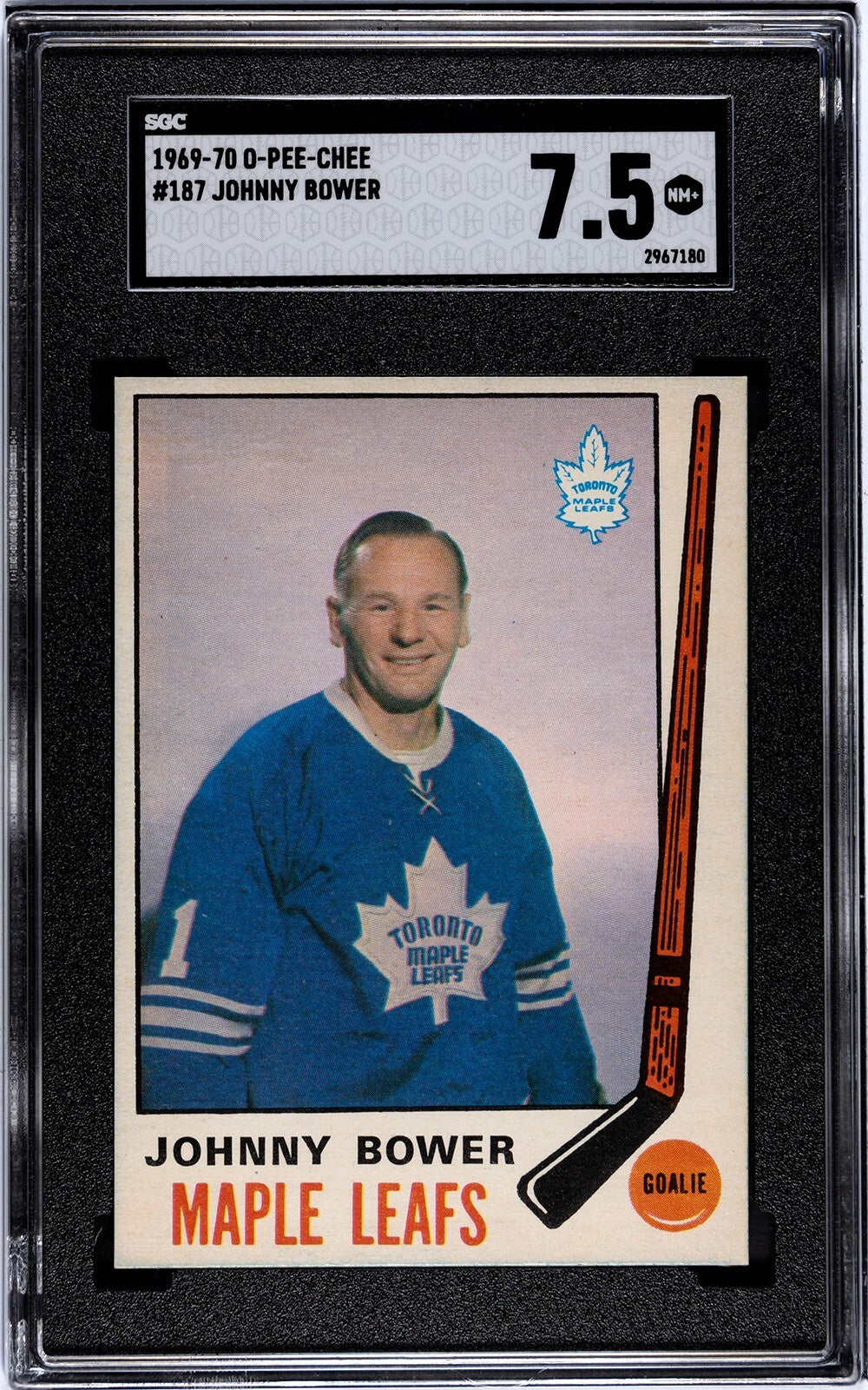 Johnny Bower 1969-70 O-Pee-Chee NHL Card #187- SGC Graded 7.5 NM+ (Maple Leafs)