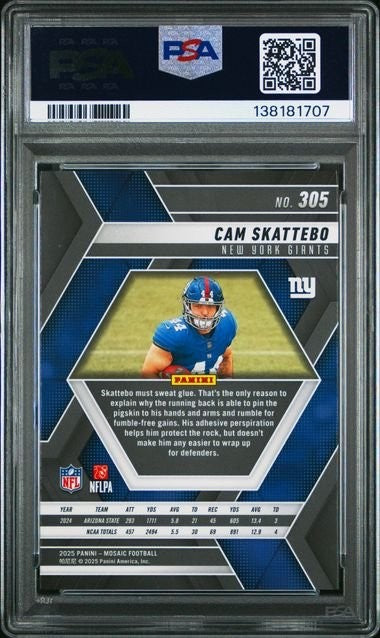 Graded 2025 Panini Mosaic Cam Skattebo #305 RC Football Card PSA 10