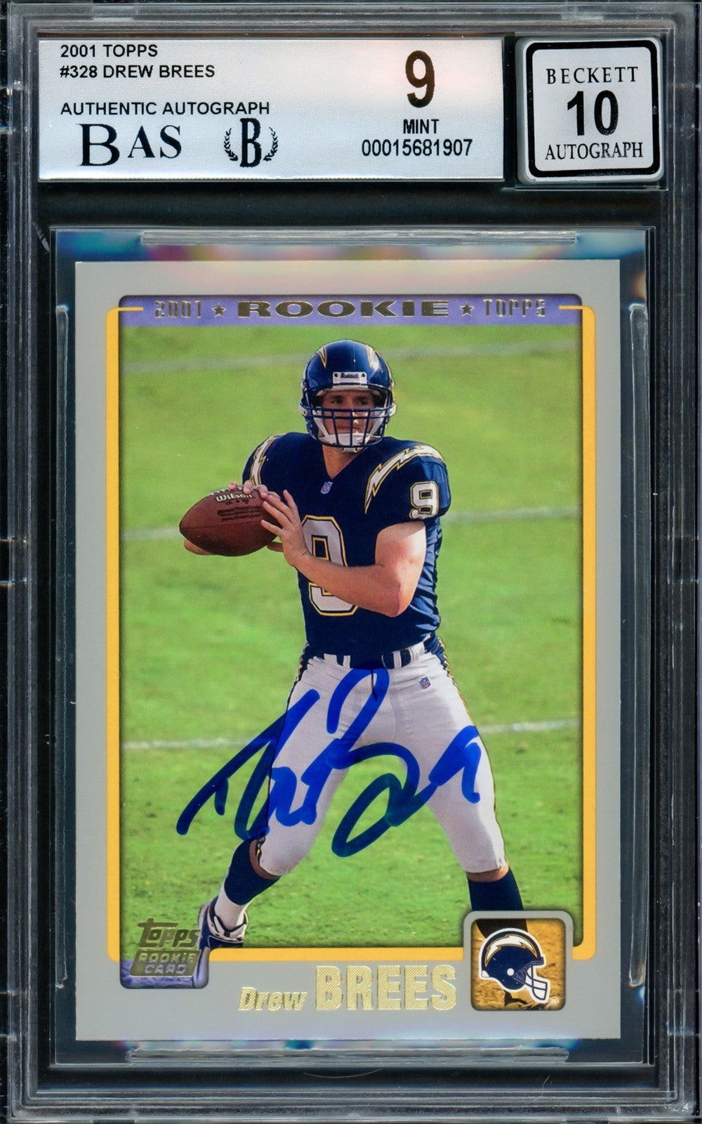 Drew Brees Signed 2001 Topps RC 328 San Diego Chargers BGS 9 Auto GM 10 Beckett