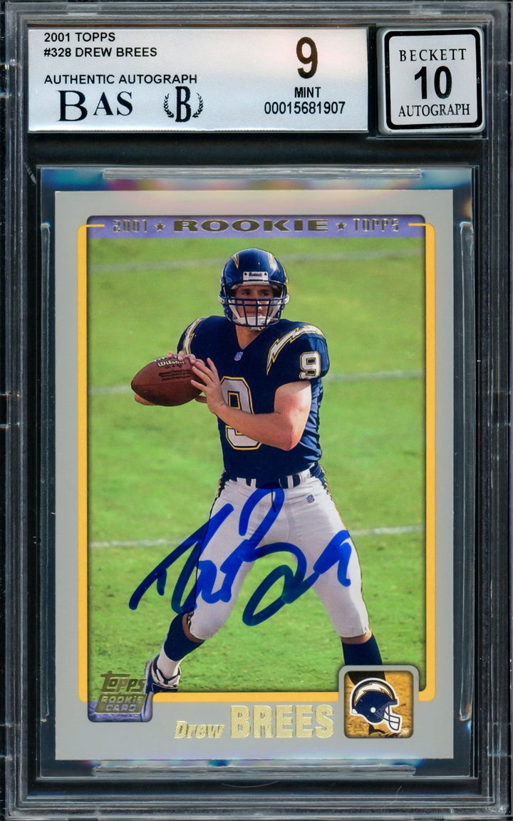 Drew Brees Signed 2001 Topps RC 328 San Diego Chargers BGS 9 Auto GM 10 Beckett
