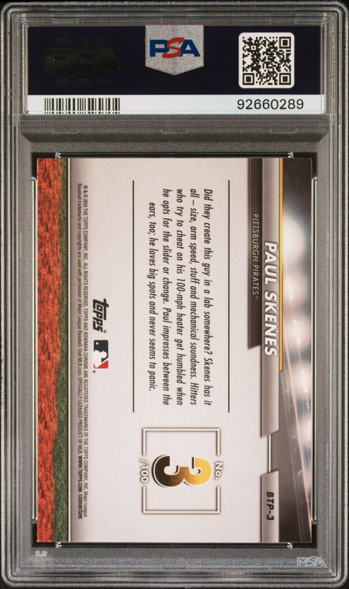 Graded 2024 Topps Bowman Paul Skenes #BTP3 Top 100 RC Baseball Card PSA 10