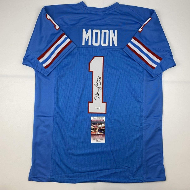 Autographed/Signed WARREN MOON HOF 06 Houston Blue Jersey JSA COA Auto