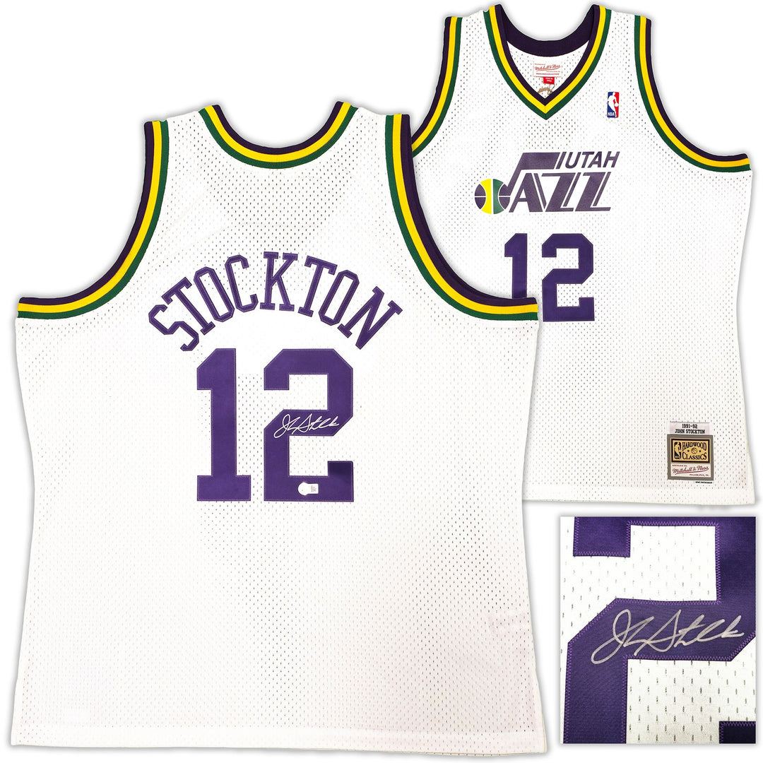 Jazz John Stockton Auto White Auth Mitchell Ness 91-92 HWC Swingman Jersey BAS