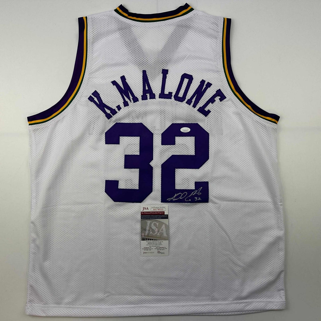 Autographed/Signed Karl Malone Utah White Retro Basketball Jersey JSA COA