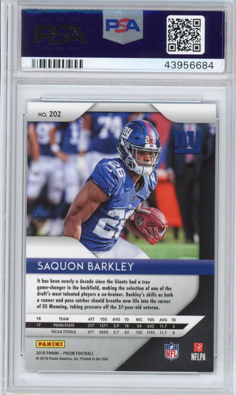 Graded 2018 Panini Prizm Saquon Barkley #202 Rookie RC Card PSA 10 Mint