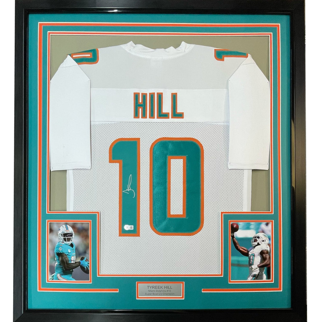 Framed Autographed/Signed Tyreek Hill 33x42 Miami White Jersey BAS COA