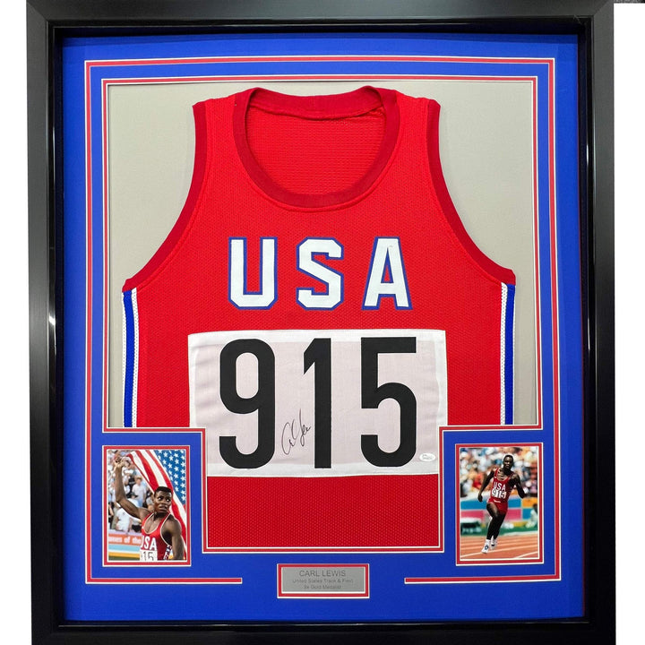 Framed Autographed/Signed Carl Lewis 33x42 United States USA Red JSA COA