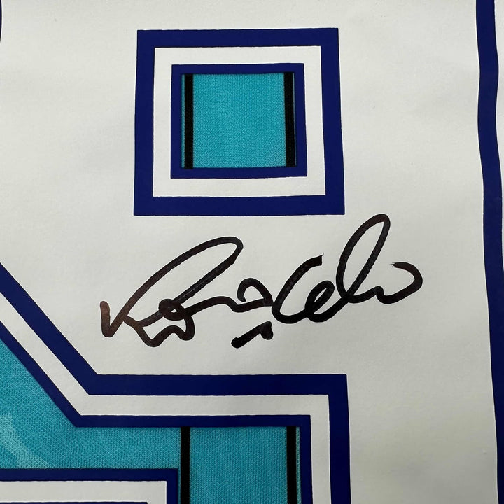 Framed Autographed/Signed Ronaldo Nazario 33x42 Barcelona Teal Jersey BAS COA