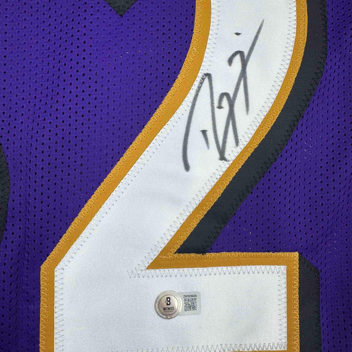 Autographed/Signed Ray Lewis Baltimore Purple Stat Football Jersey Beckett COA
