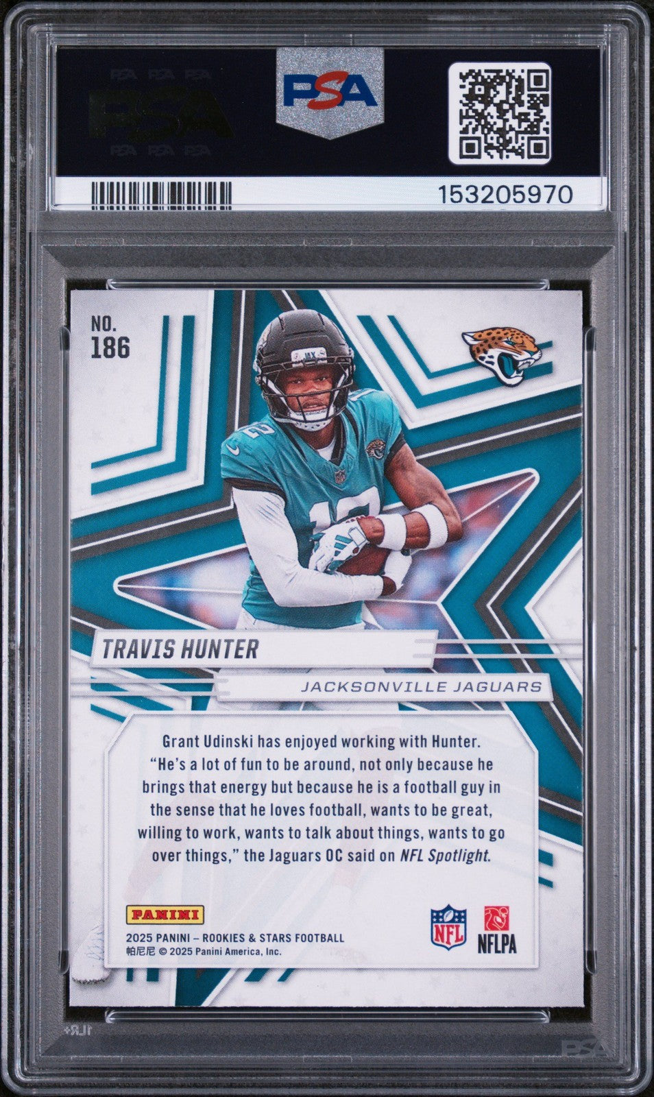 Graded 2025 Panini Rookies & Stars Travis Hunter #186 Rookie RC Card PSA 10