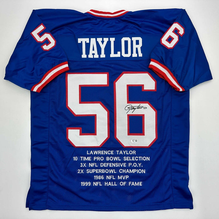 Autographed/Signed Lawrence Taylor New York Blue Stat Jersey Beckett COA