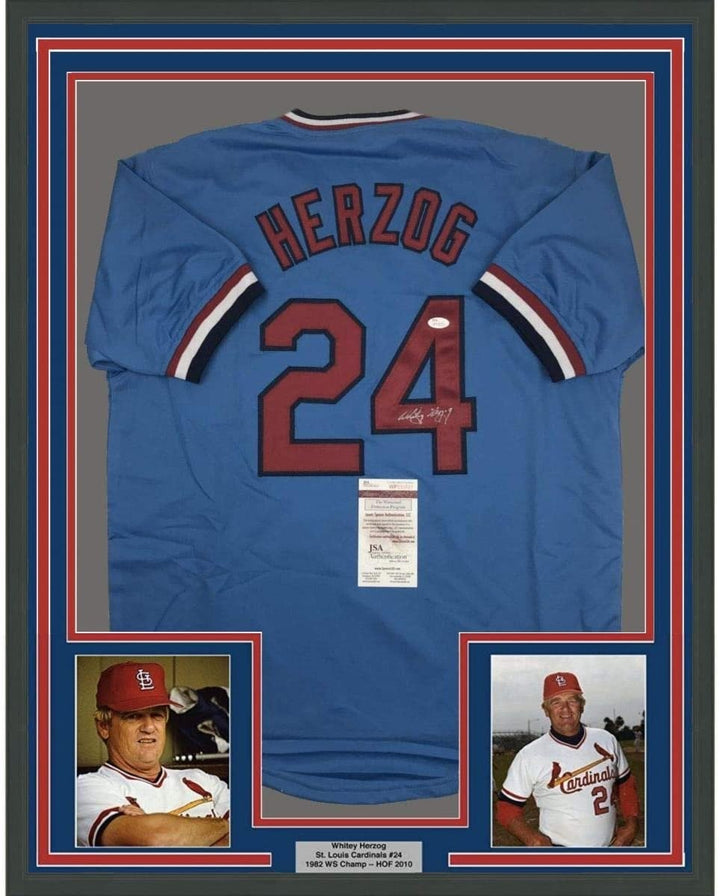 FRAMED Signed WHITEY HERZOG 35x39 St. Louis Blue Jersey JSA COA Auto
