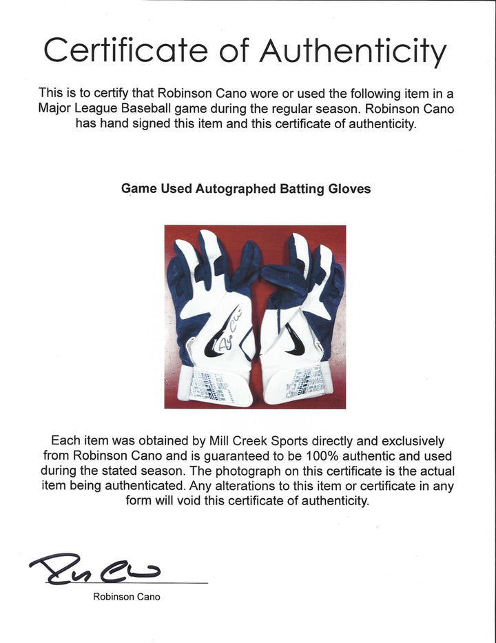 Robinson Cano Signed Pair of Game Used Nike Batting Gloves Signed Certificate