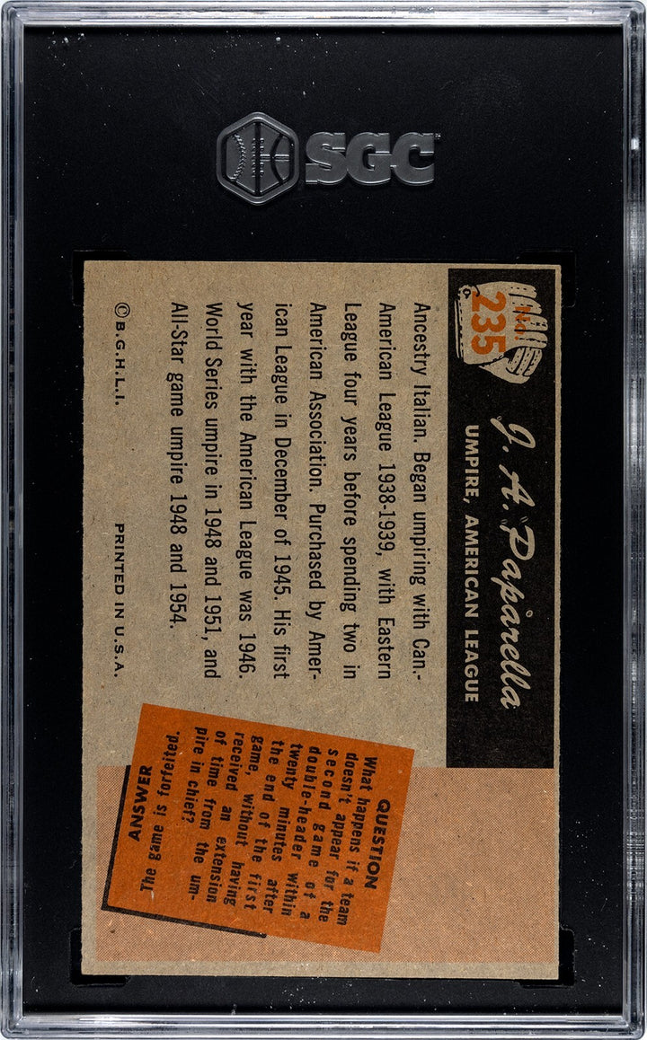 JA (J.A.) Paparella 1955 Bowman Baseball Card #235 - SGC Graded 5 EX (Umpire)