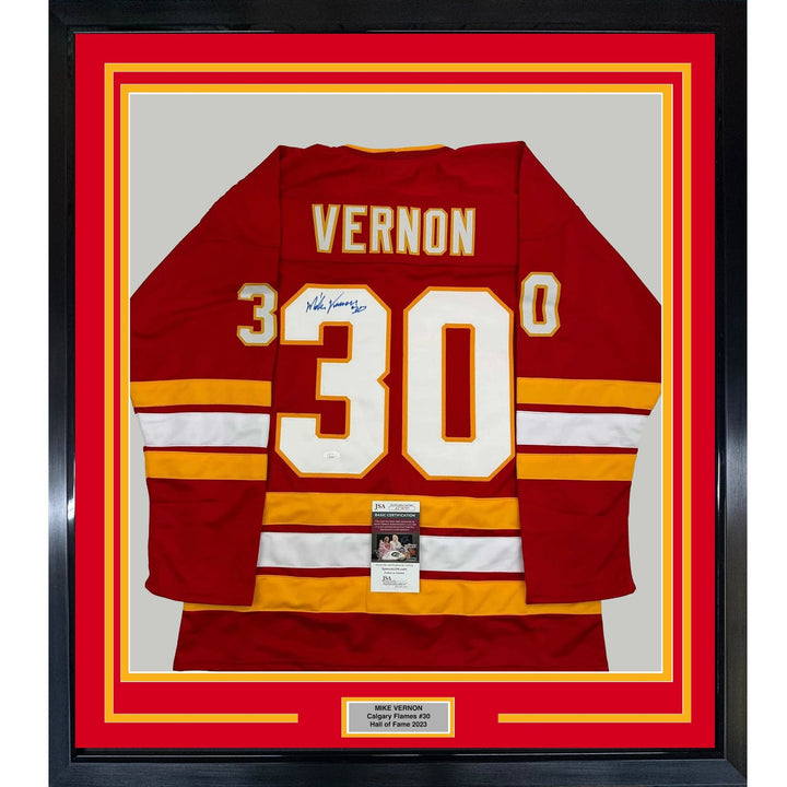 Framed Autographed/Signed Mike Vernon 35x39 Calgary Red Jersey JSA COA
