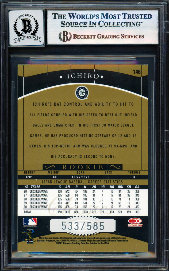 Ichiro Suzuki Auto Signed 2001 Donruss Classics Card 146 Sig 10 533/585 Beckett