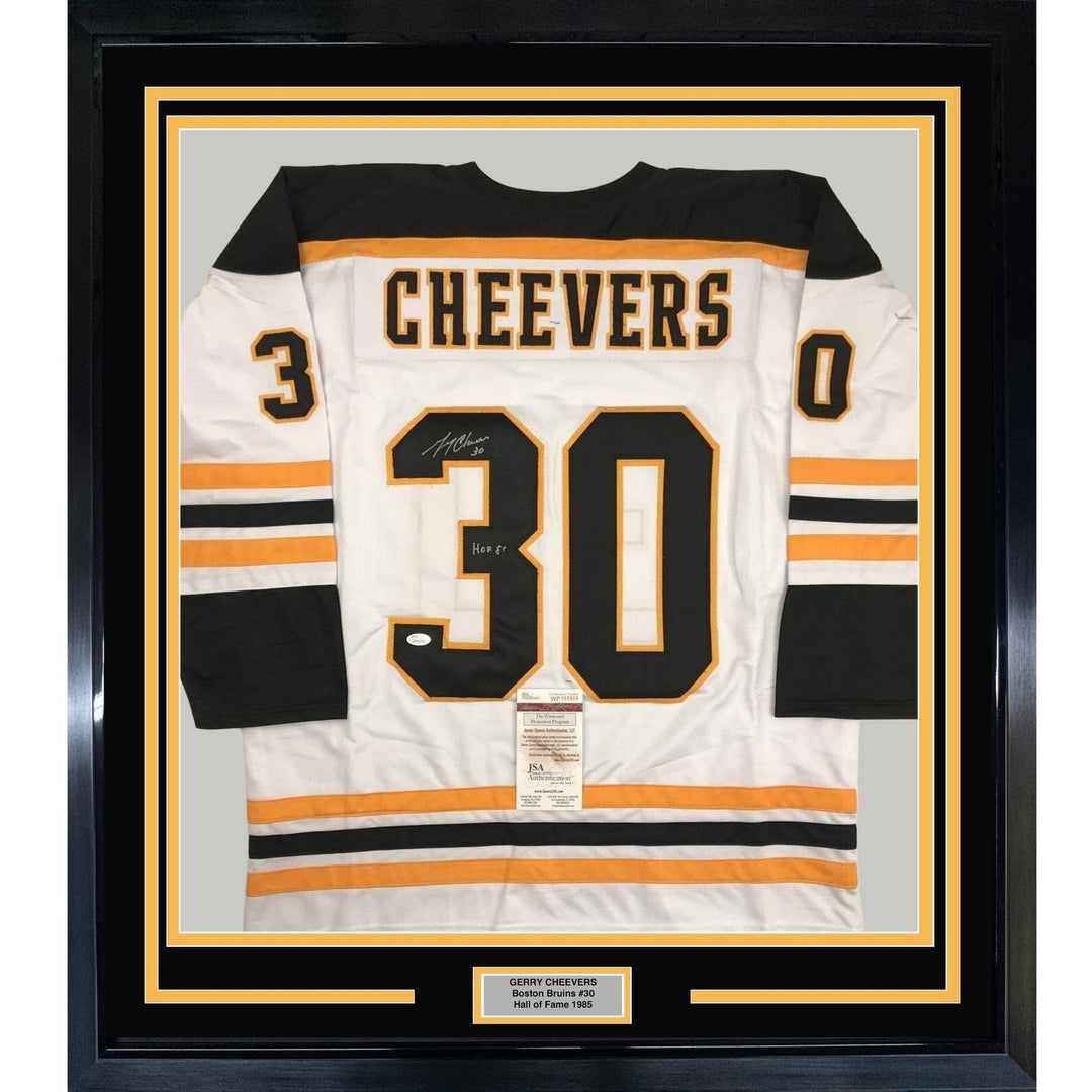 FRAMED Signed GERRY CHEEVERS HOF 35x39 Boston White Jersey JSA COA