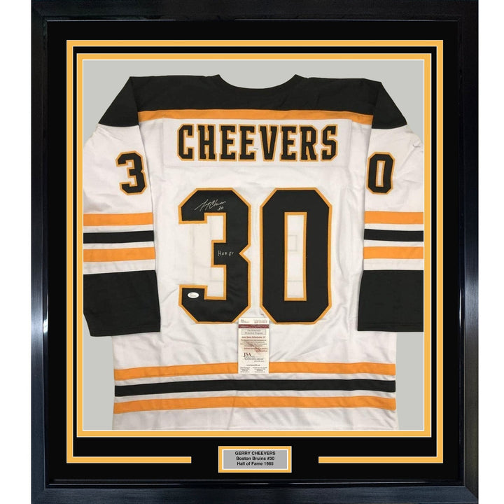 FRAMED Signed GERRY CHEEVERS HOF 35x39 Boston White Jersey JSA COA
