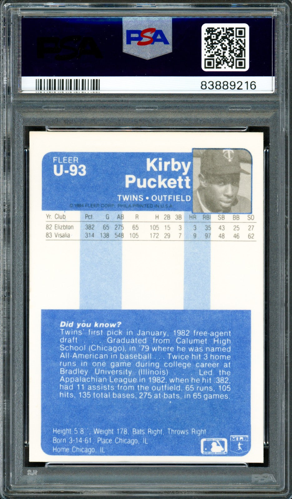 Kirby Puckett Auto 1984 Fleer Update RC U-93 Twins Auto Mint 9 PSA/DNA #83889216