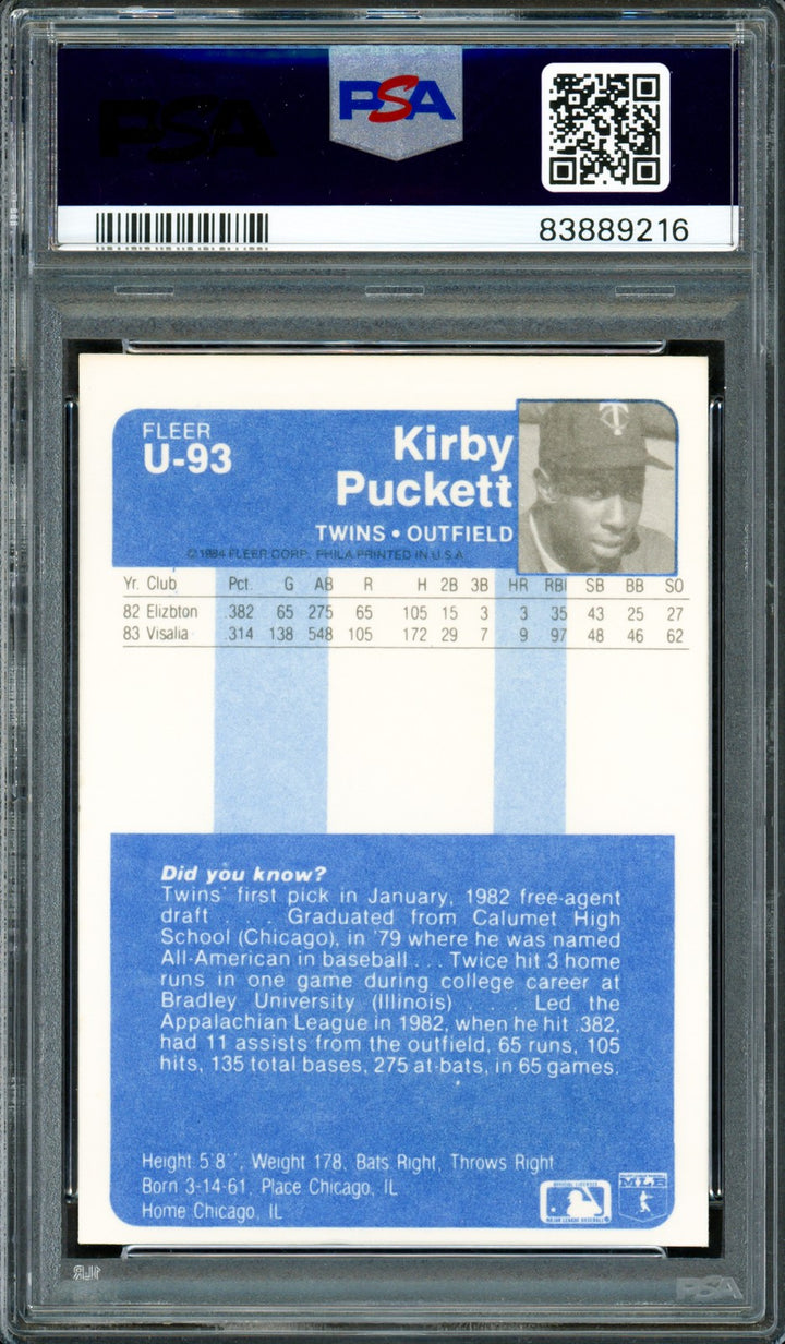 Kirby Puckett Auto 1984 Fleer Update RC U-93 Twins Auto Mint 9 PSA/DNA #83889216