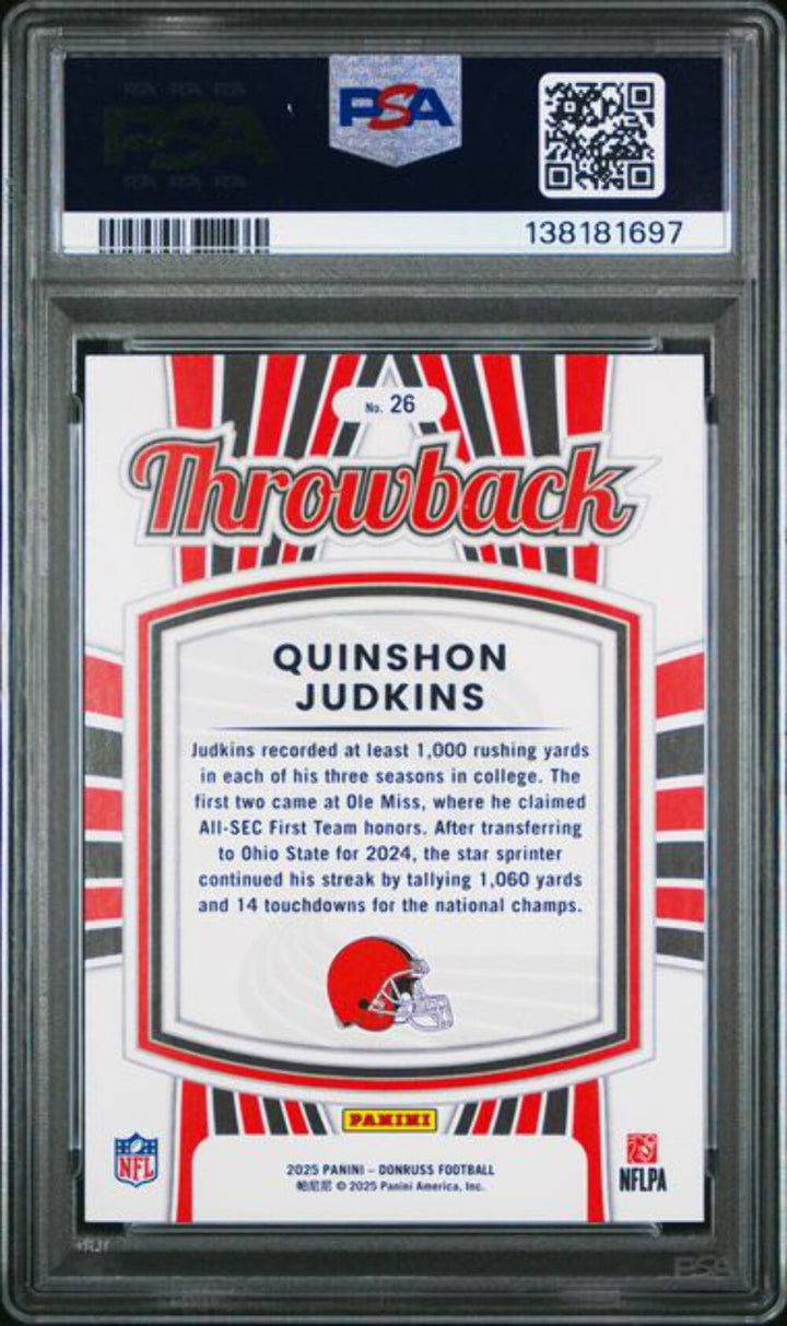 Graded 2025 Donruss Quinshon Judkins #26 Rated Rookies Throwback RC PSA 10