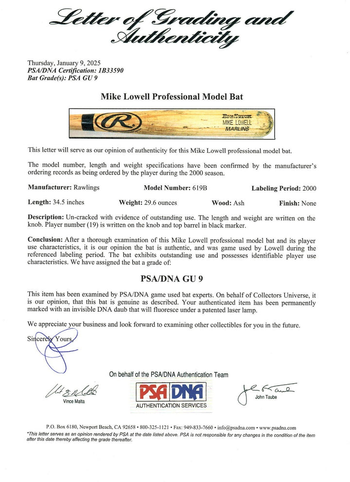 Mike Lowell Game Used 2000 Baseball Bat PSA/DNA Graded 9 Florida Marlins