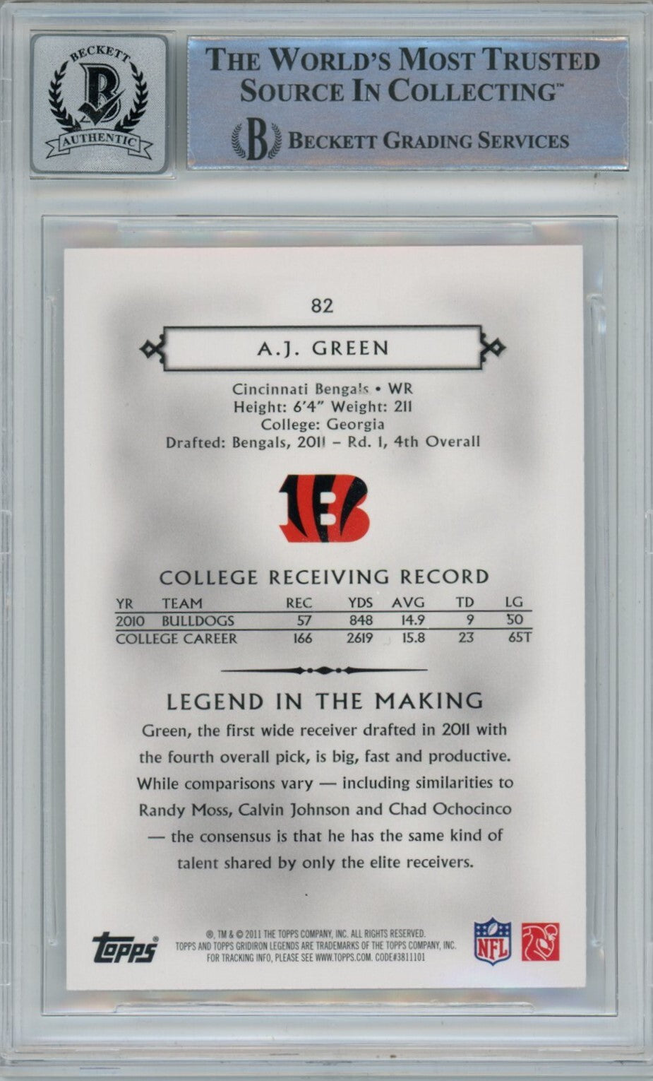 AJ Green Signed Bengals 2011 Topps Legends #82 Beckett Auto 10 40662