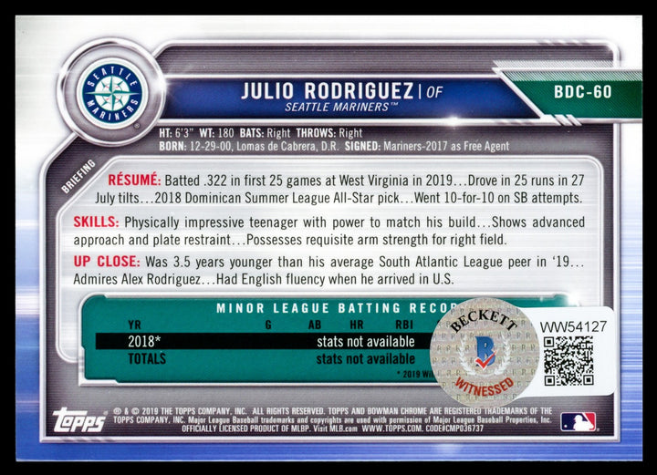 Julio Rodriguez Auto 2019 Bowman Chrome Draft Card "JROD Show" Beckett Wit