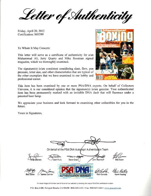 Muhammad Ali, Jerry Quarry, Rossman Auto International Boxing Magazine Cover PSA